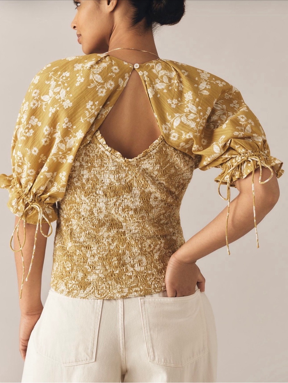 Anthropologie Mustard Floral Smocked Puff Sleeve Top - Picture 9 of 12